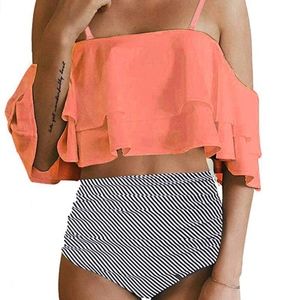 Women Two Piece Off Shoulder Ruffled Flounce Crop